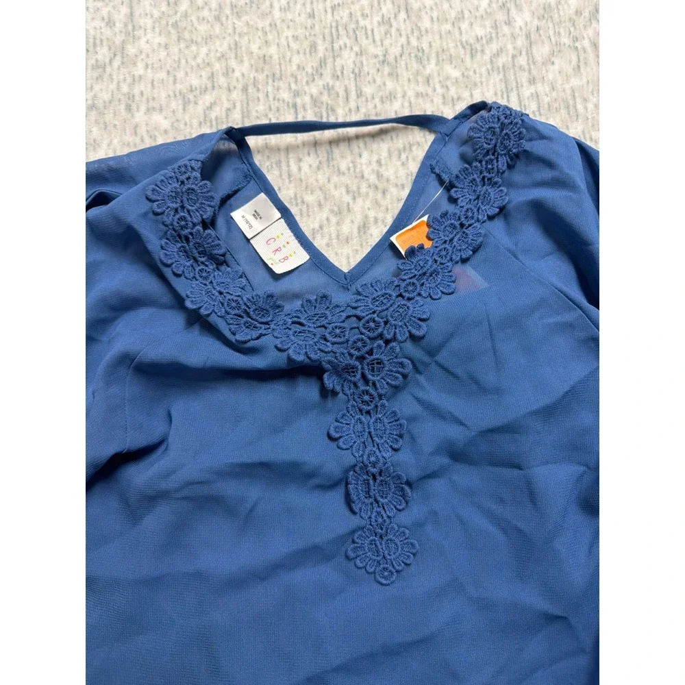 CRB Girl Navy Blue Lace Chiffon Butterfly Sleeve‎ Top Girls Size M 10-12 NEW